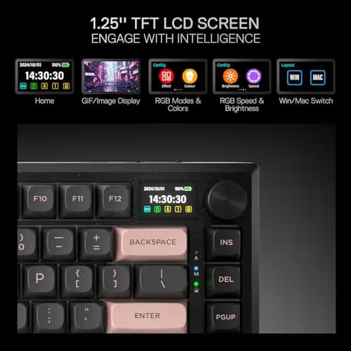 Redragon K720 Wireless CNC Gasket Gaming Keyboard w/Hype Screen & Knob, 81 Keys Mechanical Keyboard, Smart 1.14’’ TFT Info Display, 5-Layer Noise Dampening, Custom Linear Switch, Dawn Sakura Color image