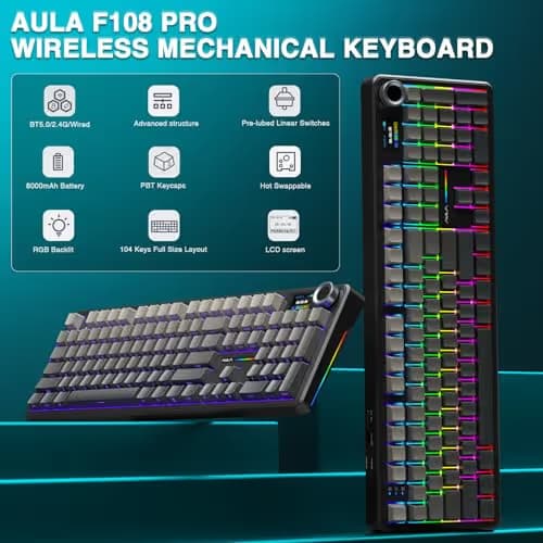 AULA F108 PRO - Wireless Mechanical Keyboard with Screen & Knob,Full Size Keyboard with 8000mAh Battery,Pre-lubed Switches,Side Printed PBT Keycaps,RGB Backlit Hot Swappable Custom Gaming Keyboards image