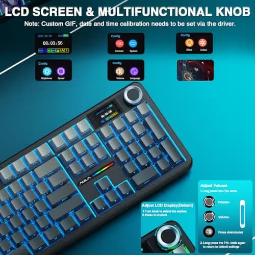 AULA F108 PRO - Wireless Mechanical Keyboard with Screen & Knob,Full Size Keyboard with 8000mAh Battery,Pre-lubed Switches,Side Printed PBT Keycaps,RGB Backlit Hot Swappable Custom Gaming Keyboards image