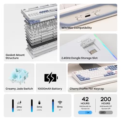EPOMAKER TH108 PRO Full Size Mechanical Keyboard with Screen & Knob, Wireless Gaming Keyboard with 10000mAh, Creamy Gasket, Hot Swap, Custom Driver, RGB Backlight (White, Creamy Jade) image