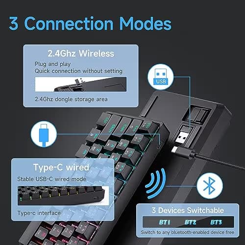 DIERYA DK63 60% Wireless Mechanical Gaming Keyboard | Bluetooth/2.4G/Wired Keyboard | RGB Backlit Compact 63 Keys Mini Office Keyboard | with Red Switch | for Windows Laptop PC Gamer Typist-Black image