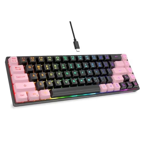 GEODMAER 65% Gaming Keyboard, LED Backlit, Ultra-Compact Anti-Ghosting No-Conflict 68 Keys Membrane Gaming Wired Keyboard for PC Laptop Windows Gamer(Black-Pink) image