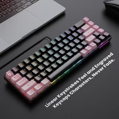 GEODMAER 65% Gaming Keyboard, LED Backlit, Ultra-Compact Anti-Ghosting No-Conflict 68 Keys Membrane Gaming Wired Keyboard for PC Laptop Windows Gamer(Black-Pink) image