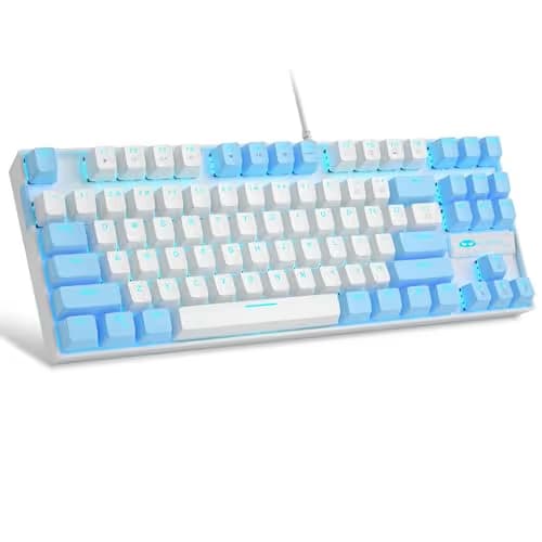 MageGee 75% Mechanical Gaming Keyboard, Red Switch, LED Blue Backlit, 87 Keys Compact TKL Wired Keyboards for Windows Laptop PC Gamer - White/Blue image