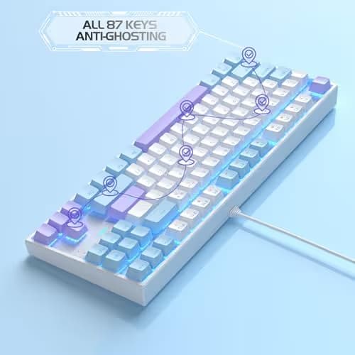 MageGee 75% Mechanical Gaming Keyboard, Red Switch, LED Blue Backlit, 87 Keys Compact TKL Wired Keyboards for Windows Laptop PC Gamer - White/Blue image