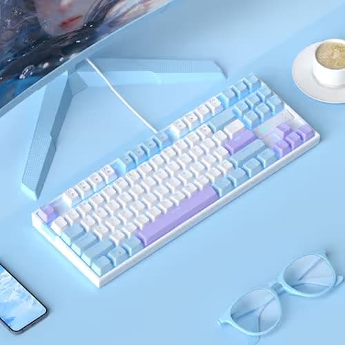 MageGee 75% Mechanical Gaming Keyboard, Red Switch, LED Blue Backlit, 87 Keys Compact TKL Wired Keyboards for Windows Laptop PC Gamer - White/Blue image