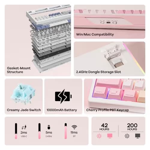 EPOMAKER TH108 PRO Full Size Mechanical Keyboard with Screen & Knob, Wireless Gaming Keyboard with 10000mAh, Creamy Gasket, Hot Swap, Custom Driver, RGB Backlight, NKRO (Pink, Creamy Jade) image