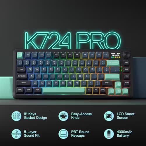 Redragon K724 PRO Wireless Gasket Gaming Keyboard w/Hype Screen & Knob, 81-Key Mechanical Keyboard, Easy-Control 1.14’’ TFT Info Display, 5-Layer Noise Dampening, Custom Linear Switch, Dark Jade Color image