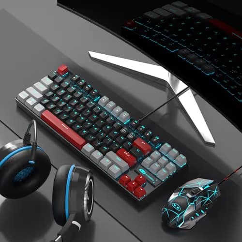 MageGee 75% Mechanical Gaming Keyboard, Red Switch, LED Blue Backlit, 87 Keys Compact TKL Wired Computer Keyboards for Windows Laptop PC Gamer - Black/Grey image