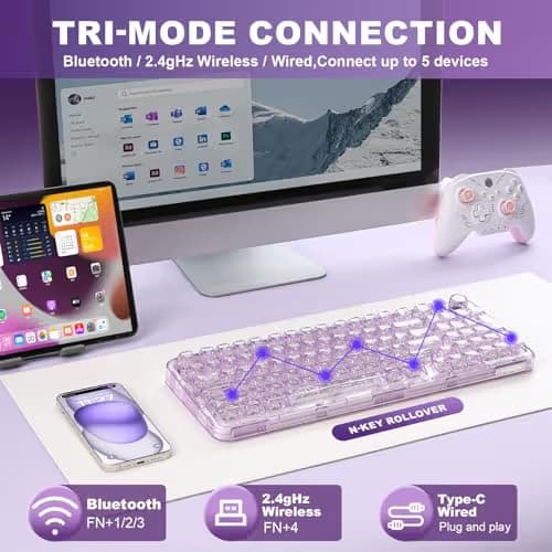 YUNZII X98 QMK/VIA Wireless Mechanical Gaming Keyboard with Knob,Tri-Mode BT5.0/USB-C/2.4GHz Hot Swappable Keyboard,Pre-lubed Switches Gasket Mount RGB Backlit for Wins/Mac (Purple, Snow Switch) image