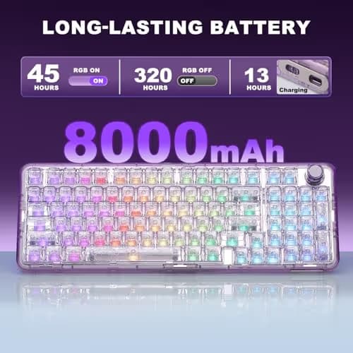 YUNZII X98 QMK/VIA Wireless Mechanical Gaming Keyboard with Knob,Tri-Mode BT5.0/USB-C/2.4GHz Hot Swappable Keyboard,Pre-lubed Switches Gasket Mount RGB Backlit for Wins/Mac (Purple, Snow Switch) image