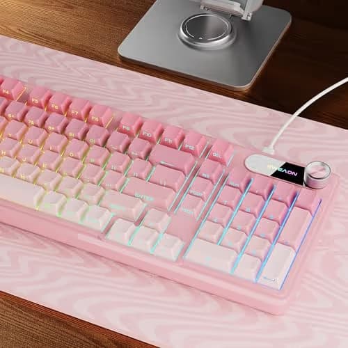 EWEADN V102 Wired Keyboard, 98 Keys Creamy Gaming Keyboard with Number Pad, Display Screen & Media Knob RGB Silent Wired Cute Computer Keyboard for Laptop PC Gamer - Gradient Pink image