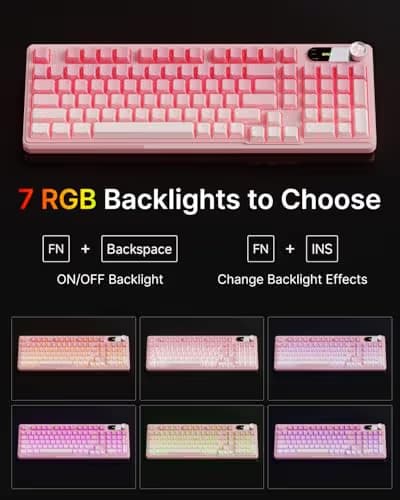 EWEADN V102 Wired Keyboard, 98 Keys Creamy Gaming Keyboard with Number Pad, Display Screen & Media Knob RGB Silent Wired Cute Computer Keyboard for Laptop PC Gamer - Gradient Pink image