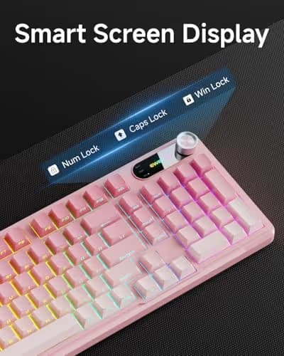 EWEADN V102 Wired Keyboard, 98 Keys Creamy Gaming Keyboard with Number Pad, Display Screen & Media Knob RGB Silent Wired Cute Computer Keyboard for Laptop PC Gamer - Gradient Pink image