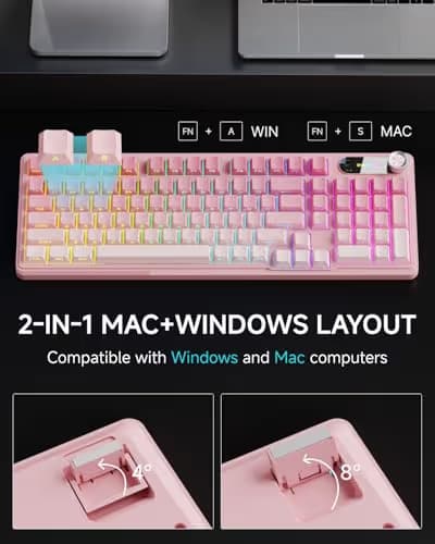 EWEADN V102 Wired Keyboard, 98 Keys Creamy Gaming Keyboard with Number Pad, Display Screen & Media Knob RGB Silent Wired Cute Computer Keyboard for Laptop PC Gamer - Gradient Pink image