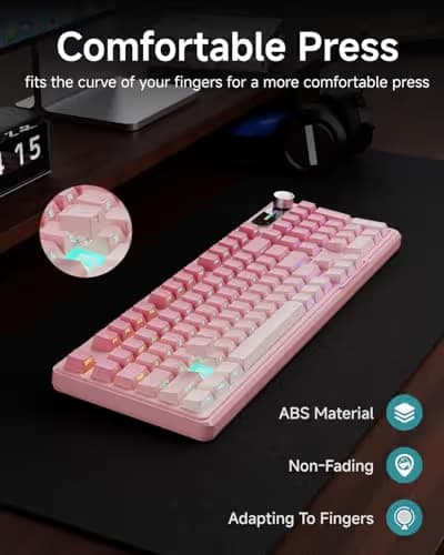 EWEADN V102 Wired Keyboard, 98 Keys Creamy Gaming Keyboard with Number Pad, Display Screen & Media Knob RGB Silent Wired Cute Computer Keyboard for Laptop PC Gamer - Gradient Pink image