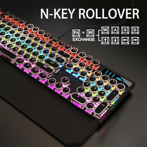 Camiysn Typewriter Style Mechanical Gaming Keyboard, Black Retro Punk Gaming Keyboard with RGB Backlit, 104 Keys Blue Switch Wired Cute Keyboards, Round Keycaps for Windows/Mac/PC image