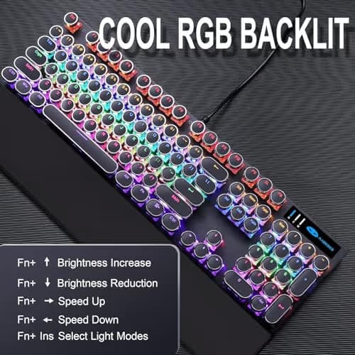 Camiysn Typewriter Style Mechanical Gaming Keyboard, Black Retro Punk Gaming Keyboard with RGB Backlit, 104 Keys Blue Switch Wired Cute Keyboards, Round Keycaps for Windows/Mac/PC image