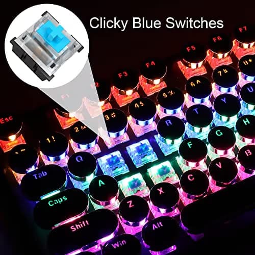 Camiysn Typewriter Style Mechanical Gaming Keyboard, Black Retro Punk Gaming Keyboard with RGB Backlit, 104 Keys Blue Switch Wired Cute Keyboards, Round Keycaps for Windows/Mac/PC image