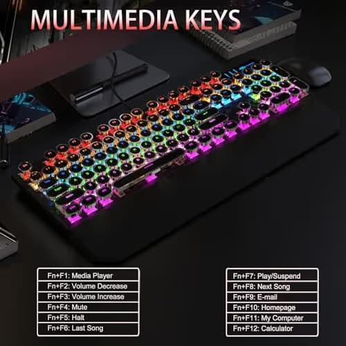 Camiysn Typewriter Style Mechanical Gaming Keyboard, Black Retro Punk Gaming Keyboard with RGB Backlit, 104 Keys Blue Switch Wired Cute Keyboards, Round Keycaps for Windows/Mac/PC image