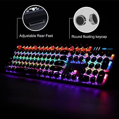 Camiysn Typewriter Style Mechanical Gaming Keyboard, Black Retro Punk Gaming Keyboard with RGB Backlit, 104 Keys Blue Switch Wired Cute Keyboards, Round Keycaps for Windows/Mac/PC image
