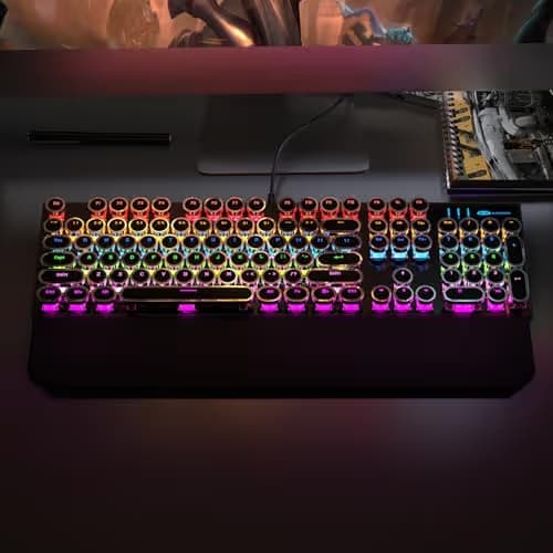 Camiysn Typewriter Style Mechanical Gaming Keyboard, Black Retro Punk Gaming Keyboard with RGB Backlit, 104 Keys Blue Switch Wired Cute Keyboards, Round Keycaps for Windows/Mac/PC image