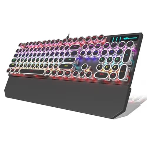 Camiysn Typewriter Style Mechanical Gaming Keyboard, Black Retro Punk Gaming Keyboard with RGB Backlit, 104 Keys Blue Switch Wired Cute Keyboards, Round Keycaps for Windows/Mac/PC image