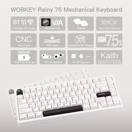 KEEBMONKEY WOBKEY Rainy 75 CNC Aluminum HMX/JWK/Cocoa Switches Triple-Mode Connectivity Mechanical Keyboard with Superior Acoustics, RGB/FR4/Silver SUS304/7000mAh/Cocoa Switch (Pro - Luna) image