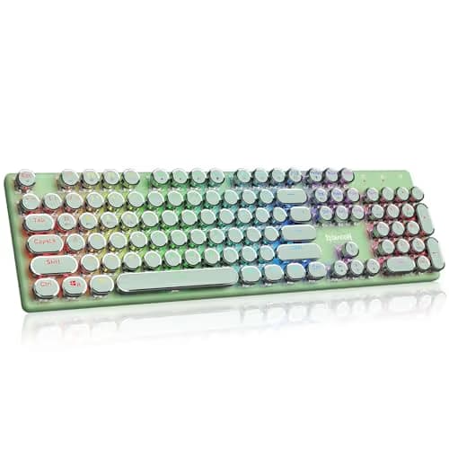 Redragon K710 Wireless Typewriter Mechanical Gaming Keyboard, Bluetooth/2.4Ghz/Wired, RGB Led Backlit, Blue Switch - Clicky, Rechargeable, Solid Metal Panel, Round Keycaps, Green image