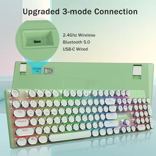 Redragon K710 Wireless Typewriter Mechanical Gaming Keyboard, Bluetooth/2.4Ghz/Wired, RGB Led Backlit, Blue Switch - Clicky, Rechargeable, Solid Metal Panel, Round Keycaps, Green image