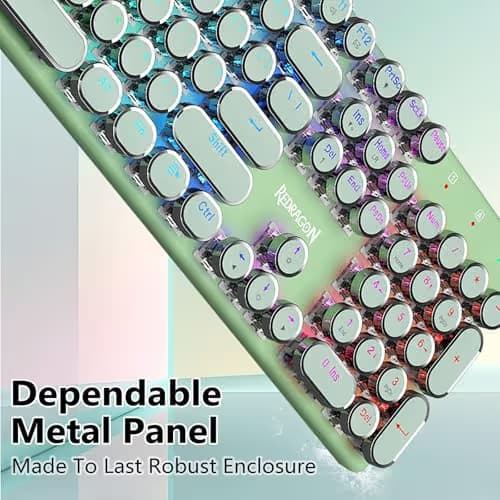 Redragon K710 Wireless Typewriter Mechanical Gaming Keyboard, Bluetooth/2.4Ghz/Wired, RGB Led Backlit, Blue Switch - Clicky, Rechargeable, Solid Metal Panel, Round Keycaps, Green image