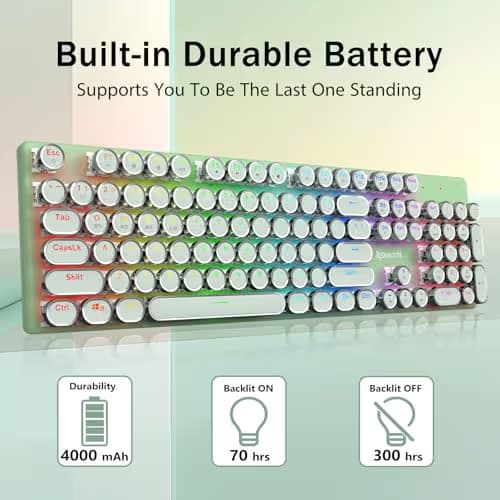 Redragon K710 Wireless Typewriter Mechanical Gaming Keyboard, Bluetooth/2.4Ghz/Wired, RGB Led Backlit, Blue Switch - Clicky, Rechargeable, Solid Metal Panel, Round Keycaps, Green image
