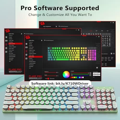 Redragon K710 Wireless Typewriter Mechanical Gaming Keyboard, Bluetooth/2.4Ghz/Wired, RGB Led Backlit, Blue Switch - Clicky, Rechargeable, Solid Metal Panel, Round Keycaps, Green image