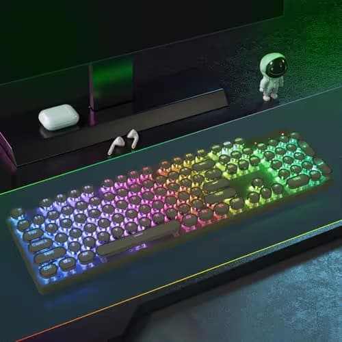 Redragon K710 Wireless Typewriter Mechanical Gaming Keyboard, Bluetooth/2.4Ghz/Wired, RGB Led Backlit, Blue Switch - Clicky, Rechargeable, Solid Metal Panel, Round Keycaps, Green image