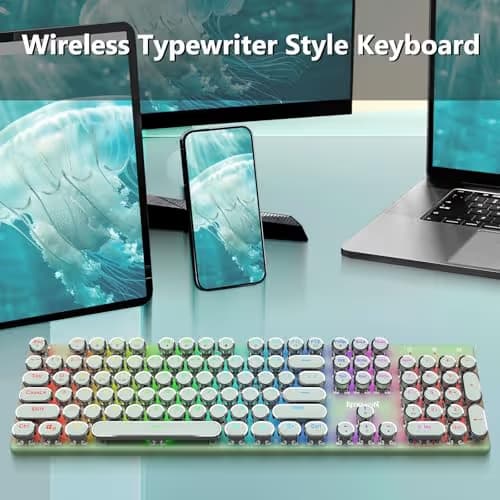 Redragon K710 Wireless Typewriter Mechanical Gaming Keyboard, Bluetooth/2.4Ghz/Wired, RGB Led Backlit, Blue Switch - Clicky, Rechargeable, Solid Metal Panel, Round Keycaps, Green image
