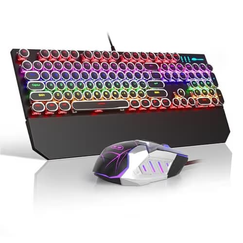 Retro Typewriter Keyboard and Mouse Combo, Cute Black Keyboard with Linear Red Switches, Full Size Wired Mechanical Gaming Keyboard, Cool Light Up Keyboard and Mouse for Gaming,Work,Mac,PC,Windows image