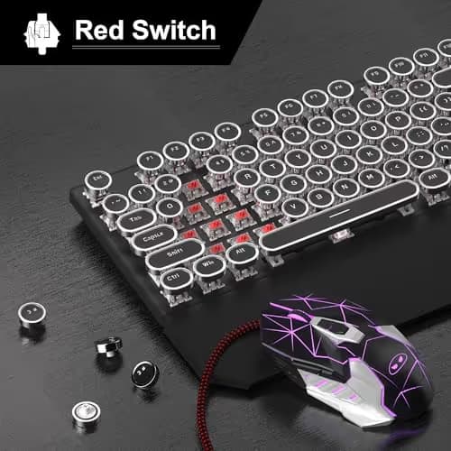 Retro Typewriter Keyboard and Mouse Combo, Cute Black Keyboard with Linear Red Switches, Full Size Wired Mechanical Gaming Keyboard, Cool Light Up Keyboard and Mouse for Gaming,Work,Mac,PC,Windows image