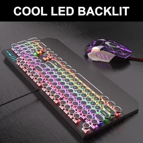 Retro Typewriter Keyboard and Mouse Combo, Cute Black Keyboard with Linear Red Switches, Full Size Wired Mechanical Gaming Keyboard, Cool Light Up Keyboard and Mouse for Gaming,Work,Mac,PC,Windows image