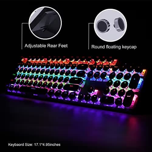 Retro Typewriter Keyboard and Mouse Combo, Cute Black Keyboard with Linear Red Switches, Full Size Wired Mechanical Gaming Keyboard, Cool Light Up Keyboard and Mouse for Gaming,Work,Mac,PC,Windows image