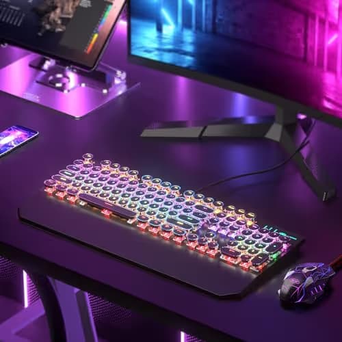 Retro Typewriter Keyboard and Mouse Combo, Cute Black Keyboard with Linear Red Switches, Full Size Wired Mechanical Gaming Keyboard, Cool Light Up Keyboard and Mouse for Gaming,Work,Mac,PC,Windows image