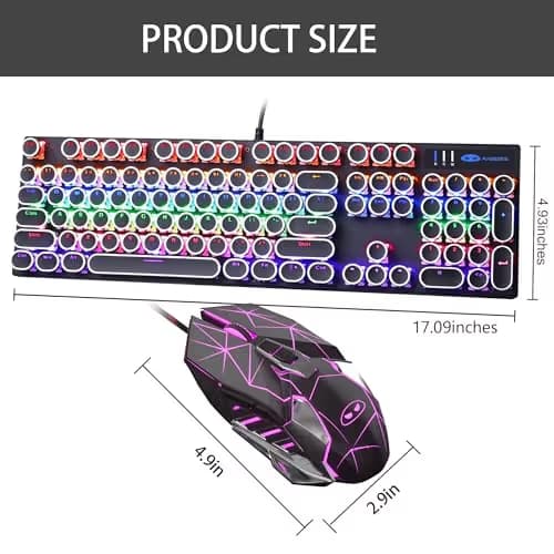 Retro Typewriter Keyboard and Mouse Combo, Cute Black Keyboard with Linear Red Switches, Full Size Wired Mechanical Gaming Keyboard, Cool Light Up Keyboard and Mouse for Gaming,Work,Mac,PC,Windows image