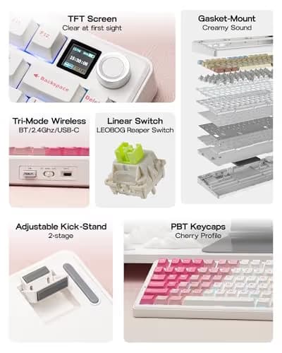 EPOMAKER X Aula F75 MAX Wireless Mechanical Keyboard with TFT Screen and Knob, Gasket Keyboard in 75% Layout, Hot Swappable Gaming Keyboard for PC/Mac/Linux (White Pink) image