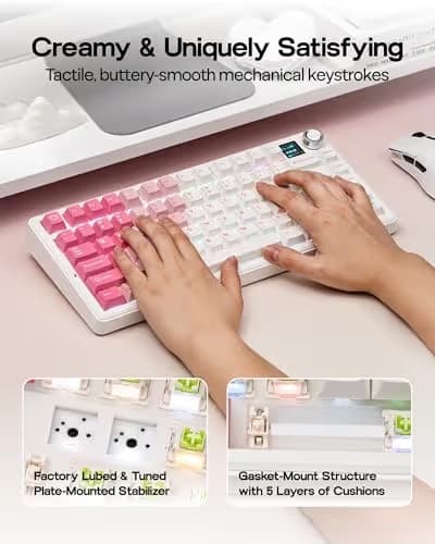 EPOMAKER X Aula F75 MAX Wireless Mechanical Keyboard with TFT Screen and Knob, Gasket Keyboard in 75% Layout, Hot Swappable Gaming Keyboard for PC/Mac/Linux (White Pink) image