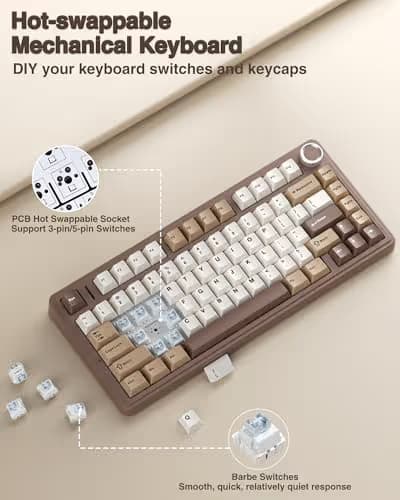 AULA F75 75% Wireless Mechanical Keyboard, Hot Swappable Creamy Keyboard, Pre-lubed Linear Switches, 2.4GHz/Type-C/BT5.0, RGB Backlit Gaming Keyboards(White&Brown) image