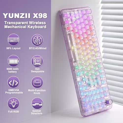 YUNZII X98 QMK/VIA Wireless Mechanical Gaming Keyboard with Knob,Tri-Mode BT5.0/USB-C/2.4GHz Hot Swappable Keyboard,Pre-lubed Switches Gasket Mount RGB Backlit for Wins/Mac (Purple, Crystal Switch) image