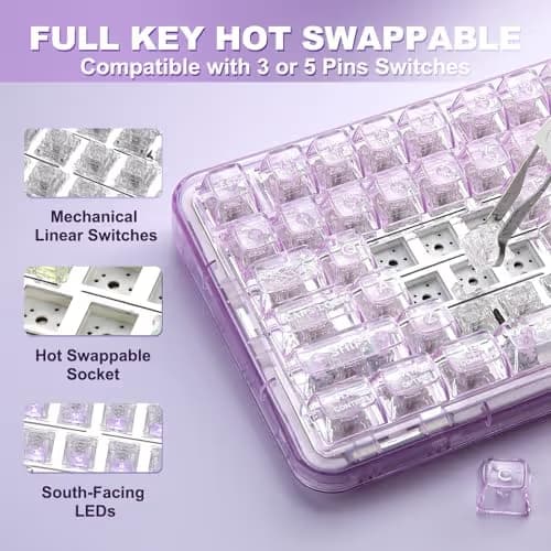 YUNZII X98 QMK/VIA Wireless Mechanical Gaming Keyboard with Knob,Tri-Mode BT5.0/USB-C/2.4GHz Hot Swappable Keyboard,Pre-lubed Switches Gasket Mount RGB Backlit for Wins/Mac (Purple, Crystal Switch) image