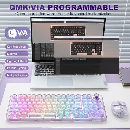 YUNZII X98 QMK/VIA Wireless Mechanical Gaming Keyboard with Knob,Tri-Mode BT5.0/USB-C/2.4GHz Hot Swappable Keyboard,Pre-lubed Switches Gasket Mount RGB Backlit for Wins/Mac (Purple, Crystal Switch) image
