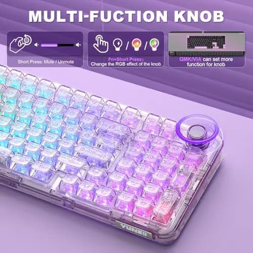 YUNZII X98 QMK/VIA Wireless Mechanical Gaming Keyboard with Knob,Tri-Mode BT5.0/USB-C/2.4GHz Hot Swappable Keyboard,Pre-lubed Switches Gasket Mount RGB Backlit for Wins/Mac (Purple, Crystal Switch) image
