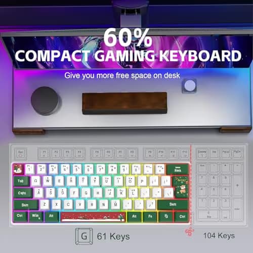 Snpurdiri 60% Wired Gaming Keyboard, RGB Backlit Small Ultra-Compact 61 Keys 60 Percent Gaming Keyboard for PC/Mac Gamer, Typist, Travel, Easy to Carry on Business Trip(Red Green White) image