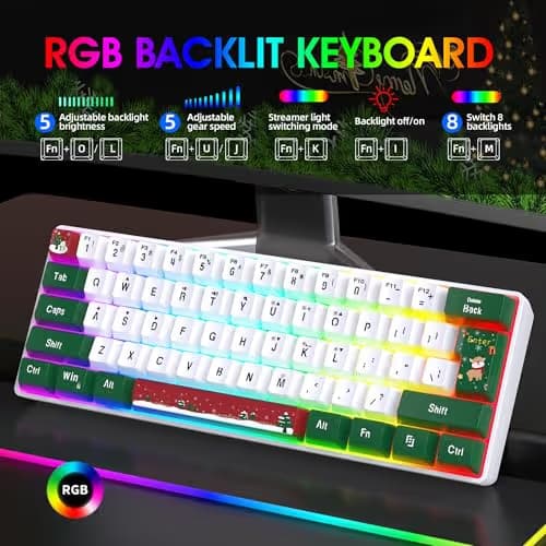 Snpurdiri 60% Wired Gaming Keyboard, RGB Backlit Small Ultra-Compact 61 Keys 60 Percent Gaming Keyboard for PC/Mac Gamer, Typist, Travel, Easy to Carry on Business Trip(Red Green White) image